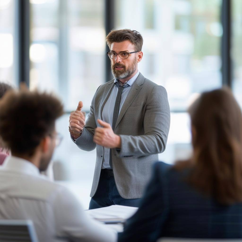 A Male leader addressing a group of other professionals eager to learn