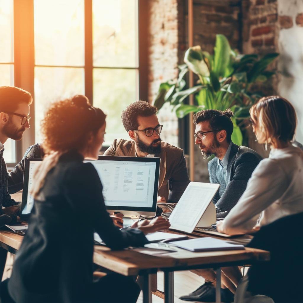 Can you create an image of a group of professionals collaborating around a room with notebooks and computers