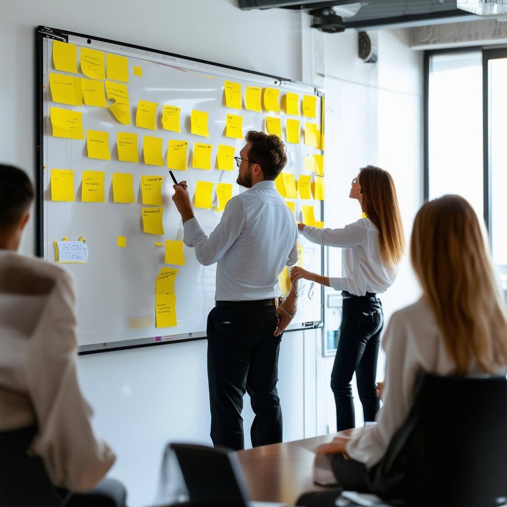 Corporate Man and woman working together on a wipeboard with yellow sticky notes with their backs turned to their audience