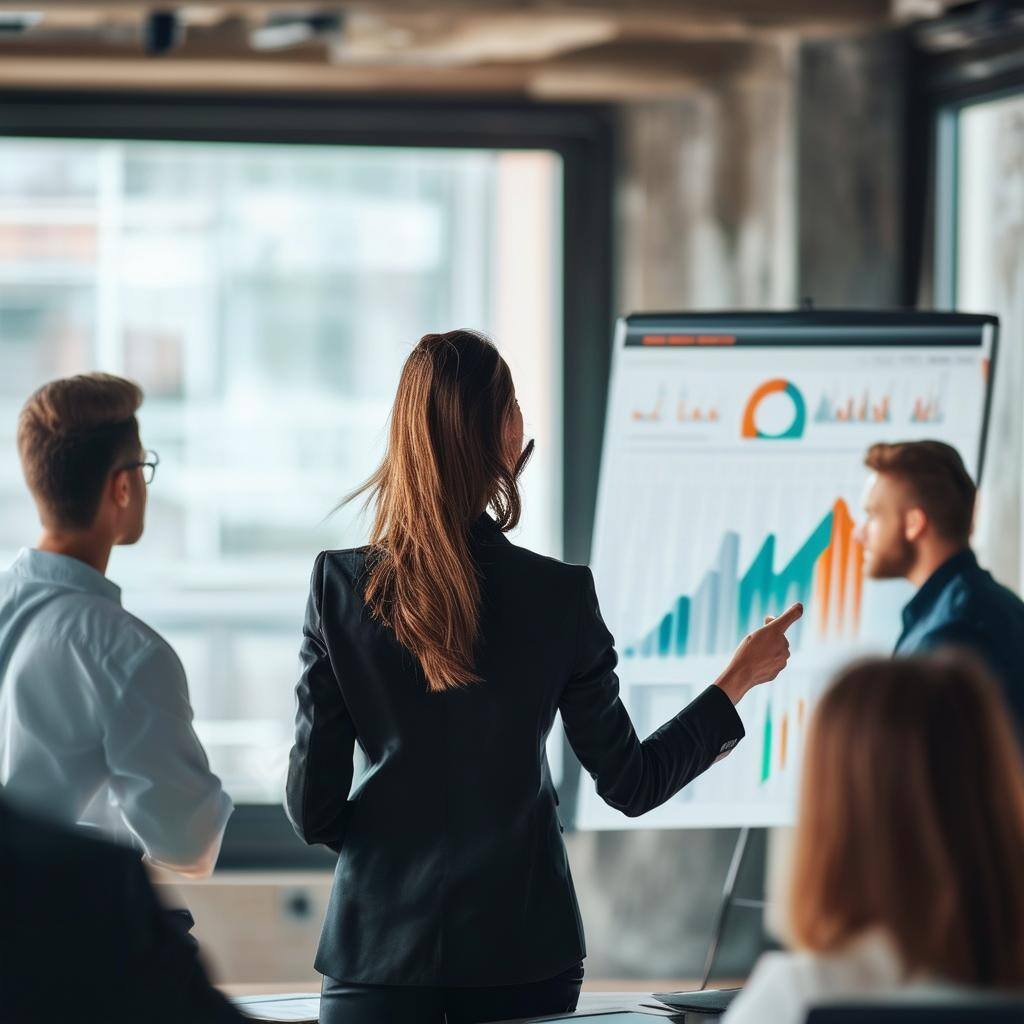 Woman standing in front of a group of professionals with her back turned explaining a report with a significant growth curve and zoomed out with a lon