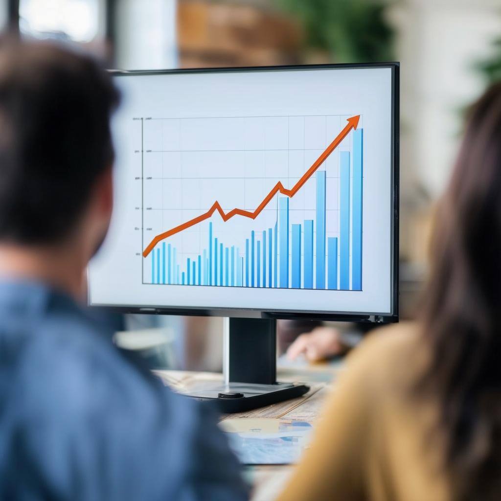 can you create an image for me of a compensation plan with a graph that shows business going up and to the right as growth with real people looking at